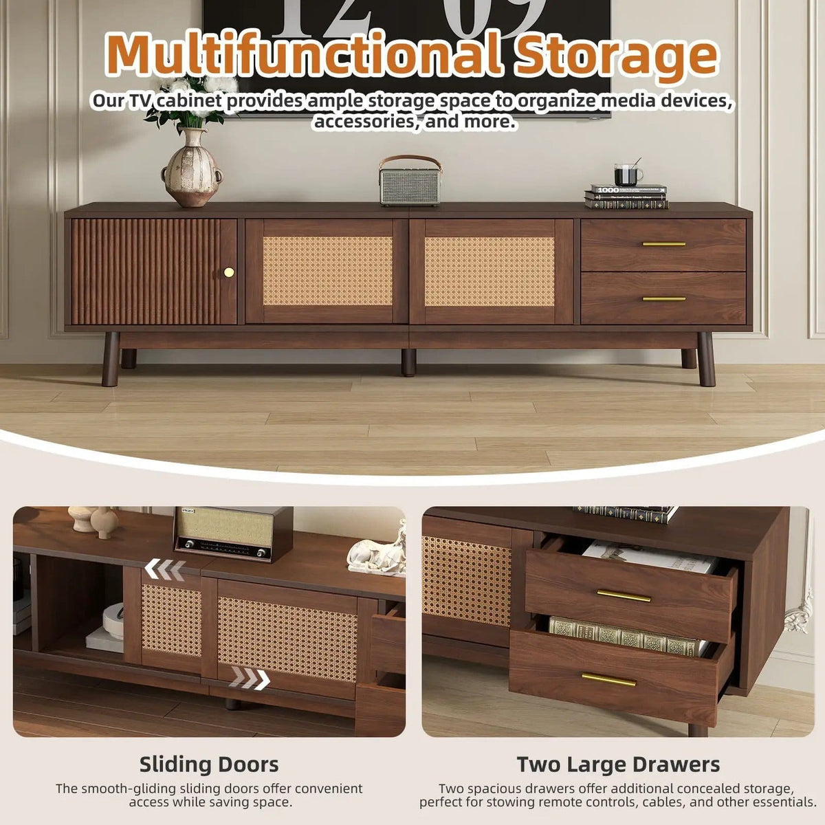 80 Inch TV Stand | Sliding Doors And Drawers | Interwoven Rattan Design | Metal Handles