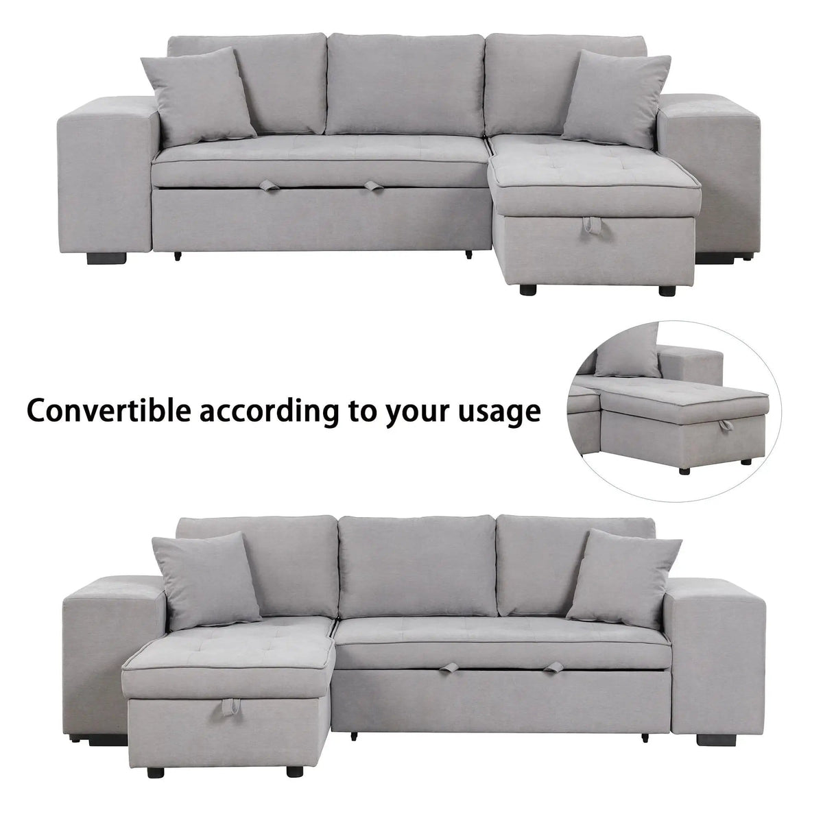 Modern L-Shape 3 Seat Reversible Sectional Couch, Pull Out Sleeper Sofa With Storage | 4 Pieces | Fabric | Living Room
