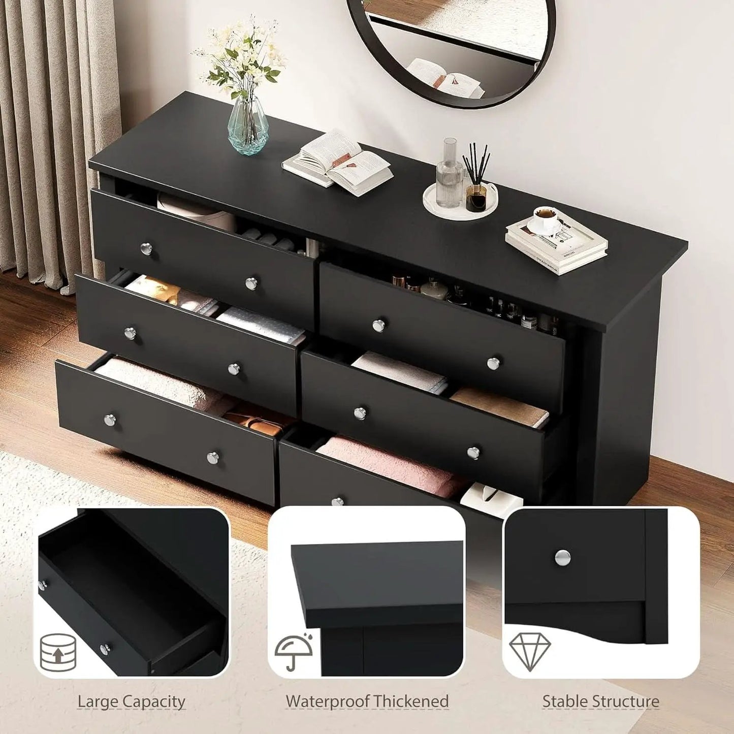 Black Dresser With Six Deep Drawers For TV Storage from PriceLows™