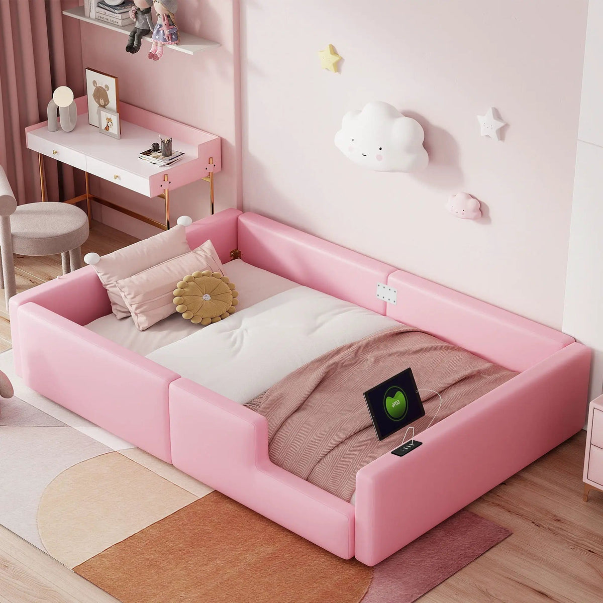 Platform Bed With Guardrail And Charging Station | 2 Pieces | Pine Wood | Bedroom