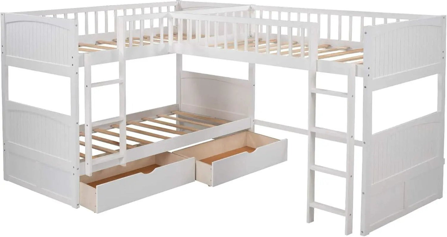 L Shaped Solid Wood Bunk Bed White Twin Over Twin Over Twin With 2 Drawers from PriceLows™