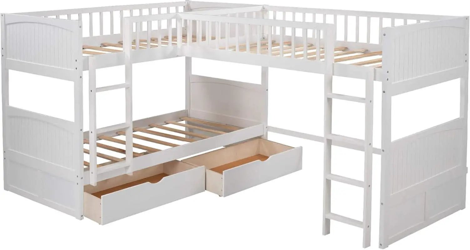 L Shaped Solid Wood Bunk Bed White Twin Over Twin Over Twin With 2 Drawers from PriceLows™
