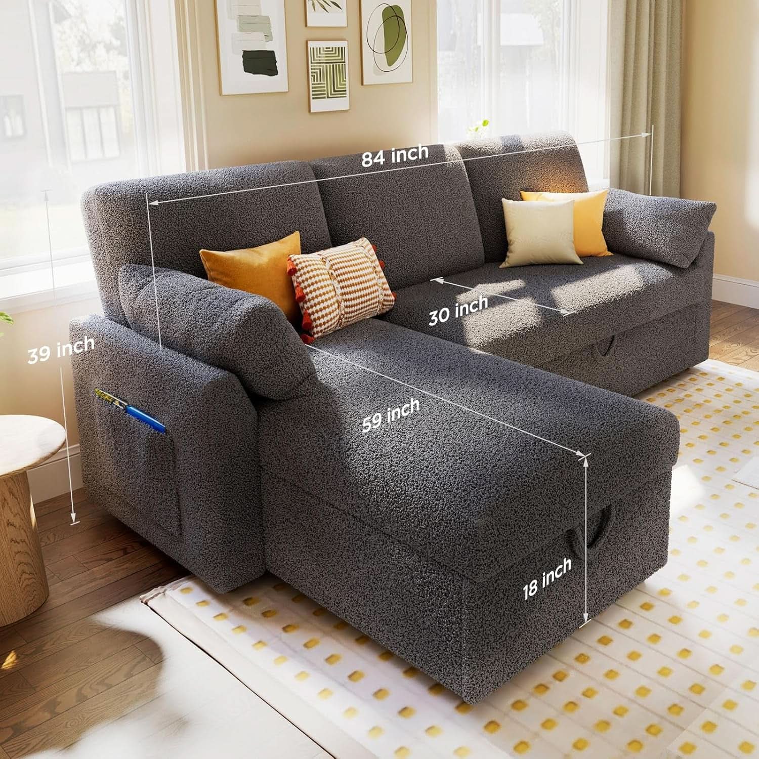 Grey Boucle Upholstered Convertible Sofa Bed Storage from PriceLows™