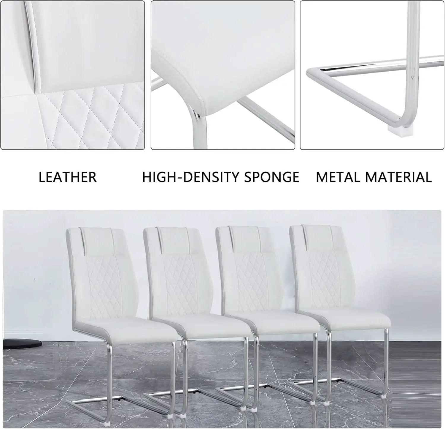 White Faux Leather Dining Chairs Four Pack Chrome Finish from PriceLows™