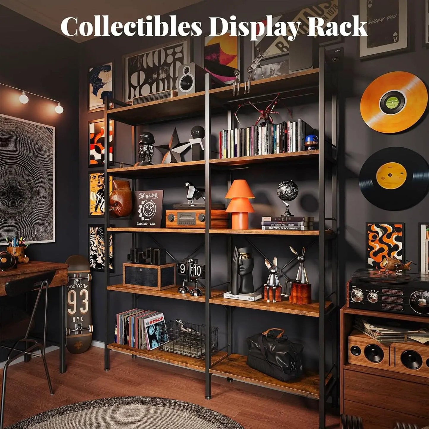 L Shaped Corner Bookshelf 49 Inch Rustic Brown Wood Metal Frame from PriceLows™