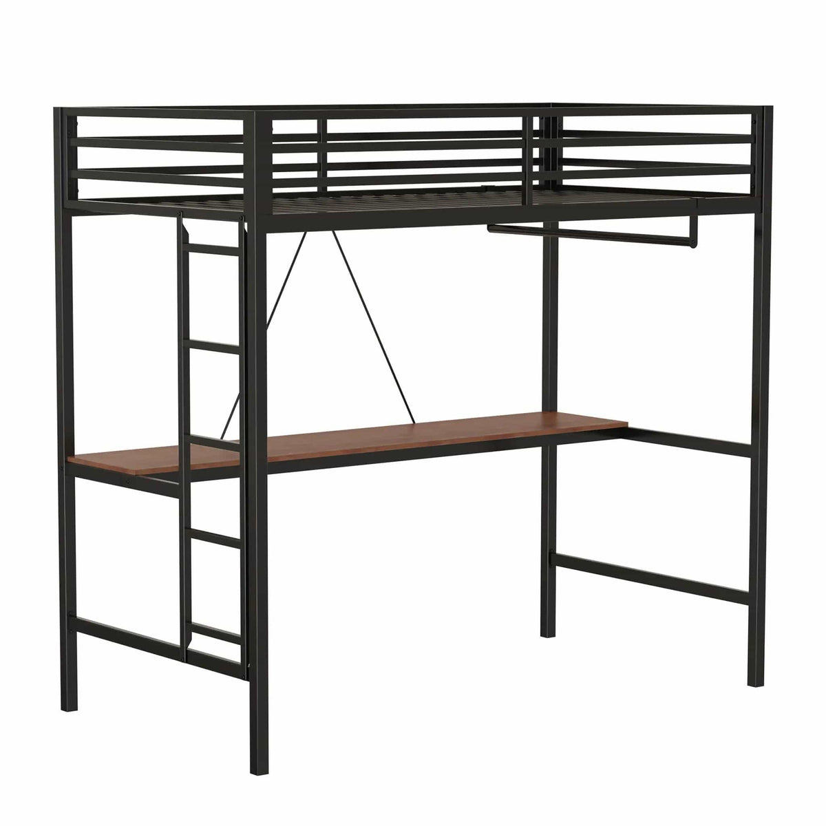 Adam Twin Loft Bunk Bed With Cinnamon Wood Desk And Closet Rod | 76.69 x 40.94 x 72.01 in | Metal & Wood | Black