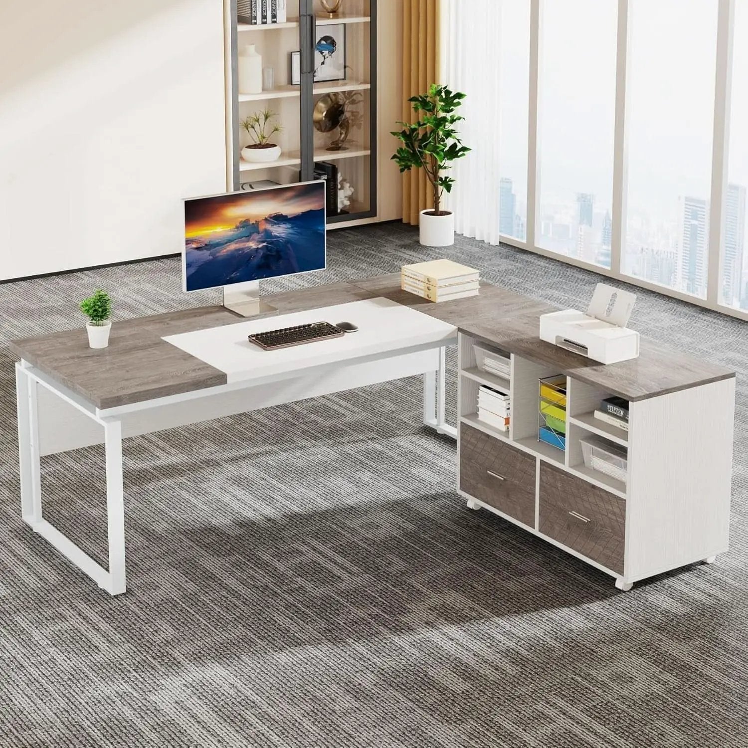 63 Inch L Shaped Desk Gray White With Reversible File Cabinet from PriceLows™