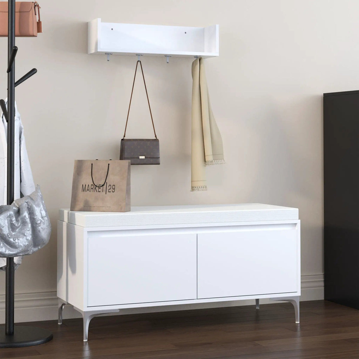 Wall Mounted Entryway Shelf With Hooks And Storage Bench Set - | 39.37 x 15.75 x 19.49 in | Metal & Wood | Off White