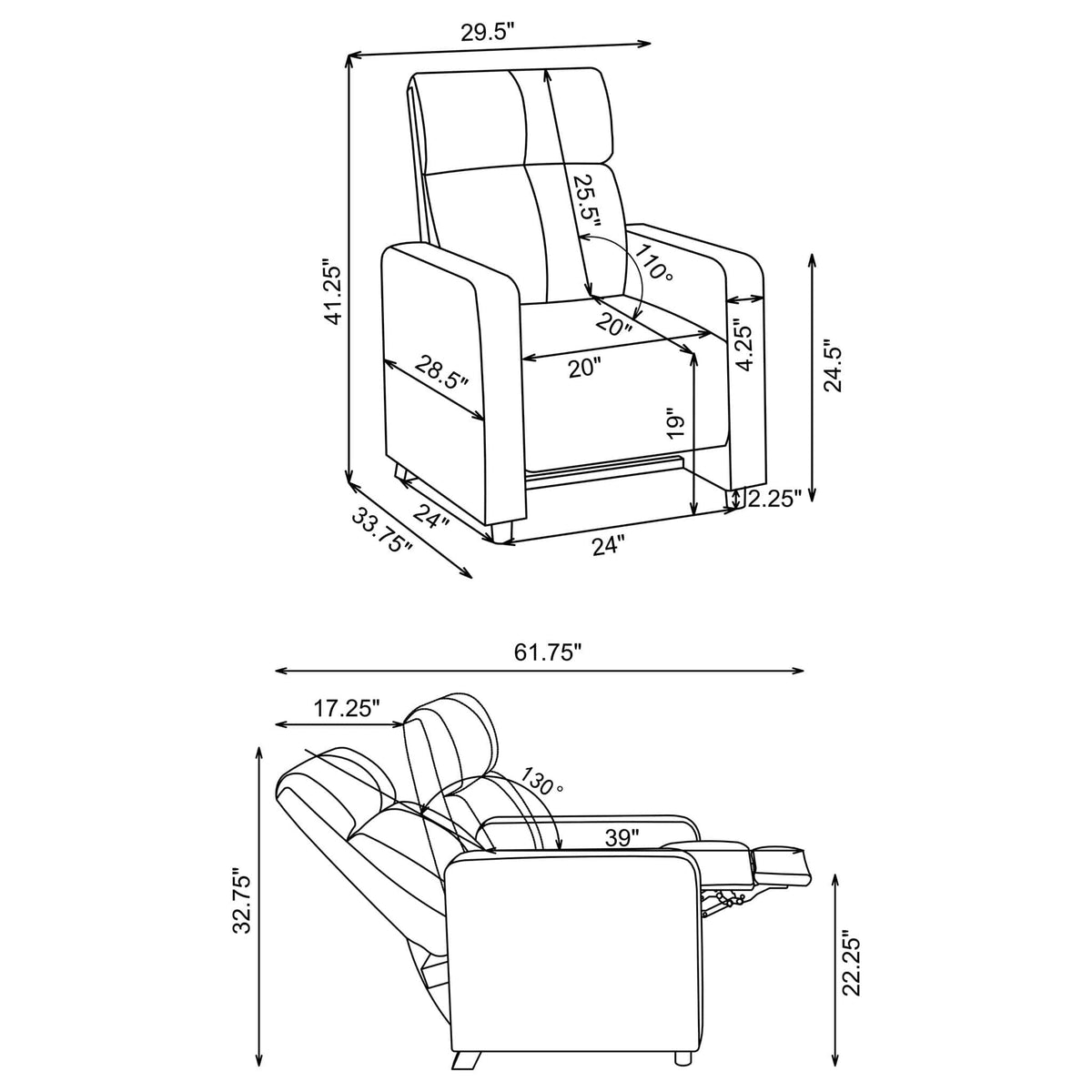 Push Back Recliner - Reclining Chair | 29.5 x 33.75 x 41.25 in | Faux Leather & Polyester | Black