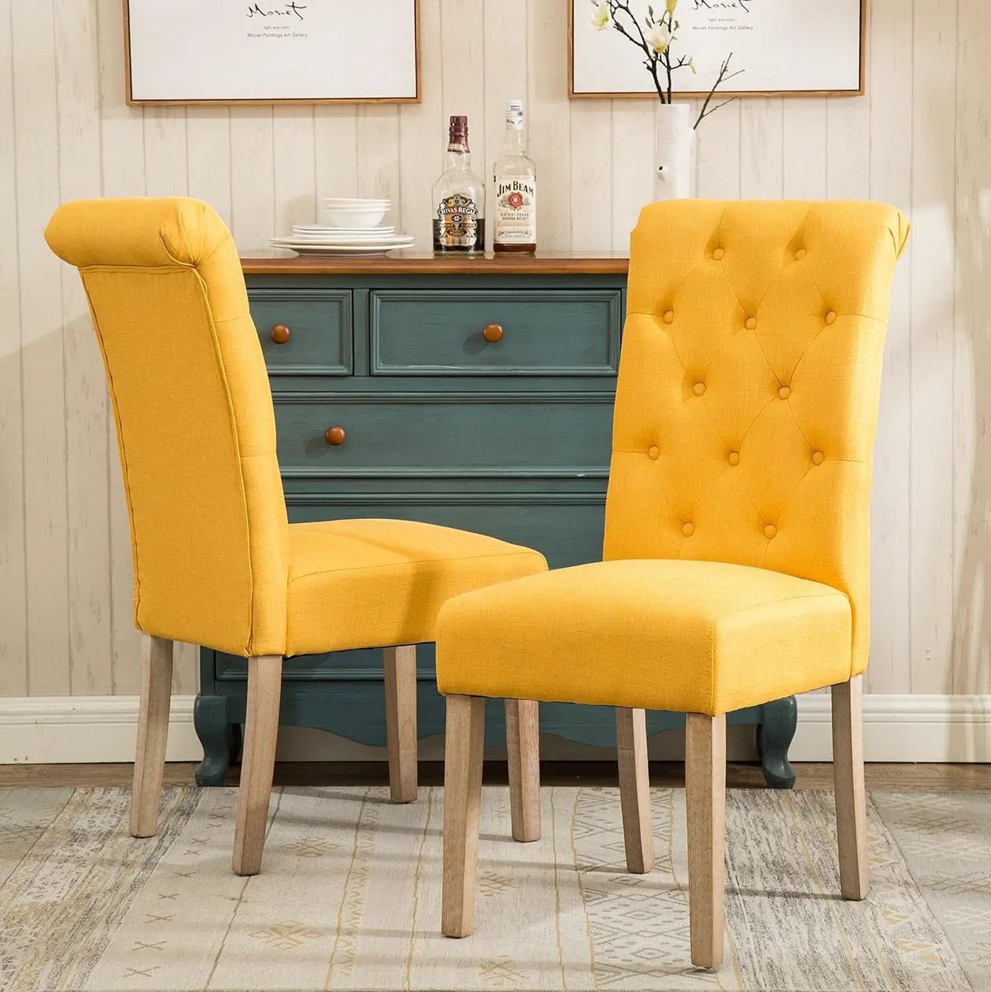 Solid Wood Tufted Parsons Yellow Dining Chair Set Of 2 from PriceLows™