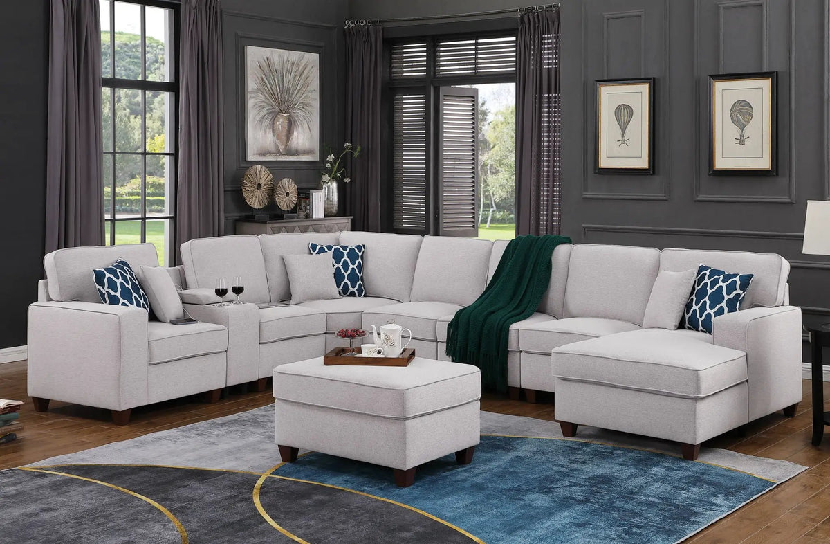 Eric 9-Piece Sectional | Upholstered Design | Ottoman Included | Cupholder Console