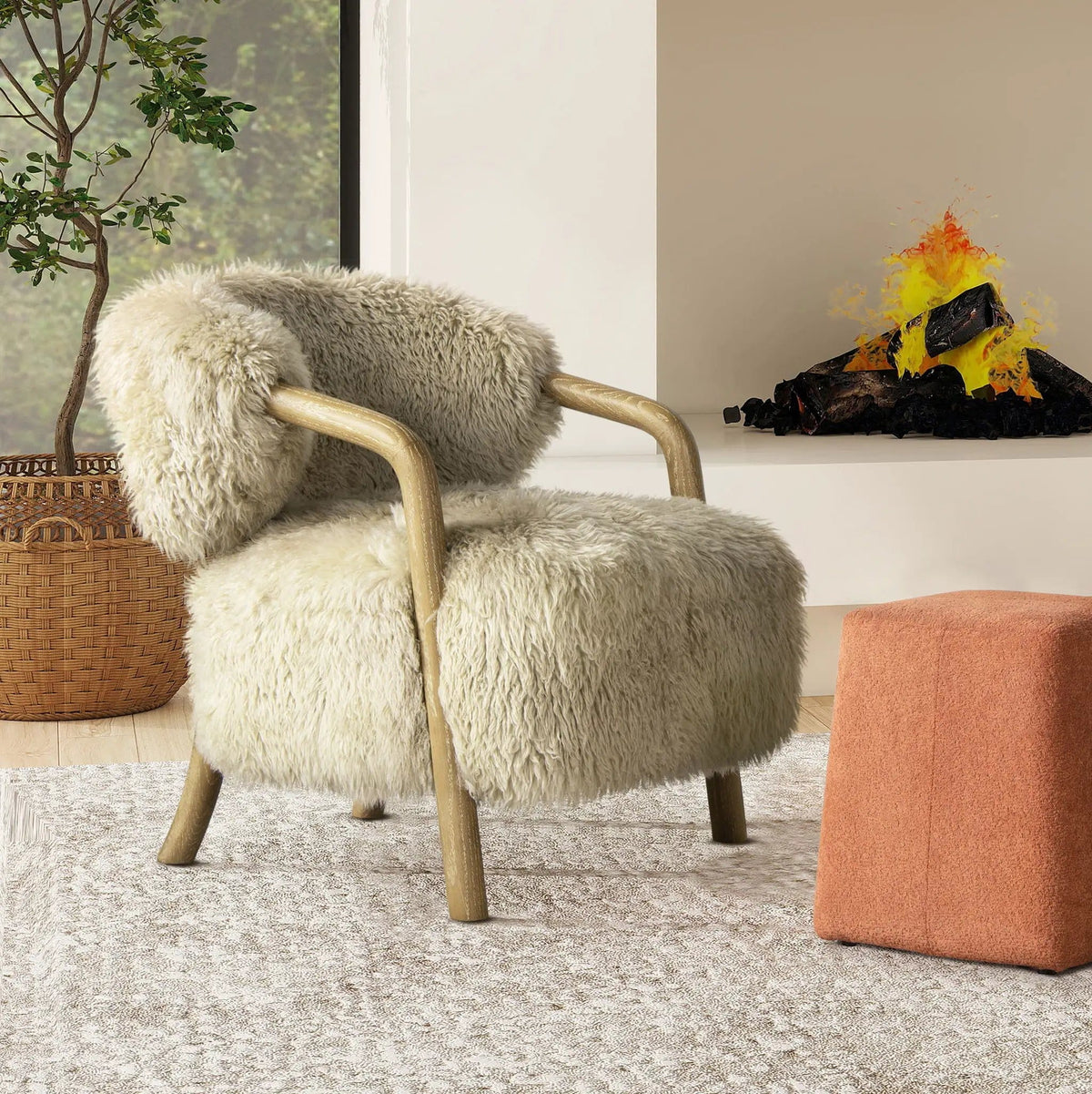 Becker Rustic Oak Sheepskin Upholstered Accent Arm Chair | 31.5 x 28.5 x 30 in | Wood | Taupe Beige