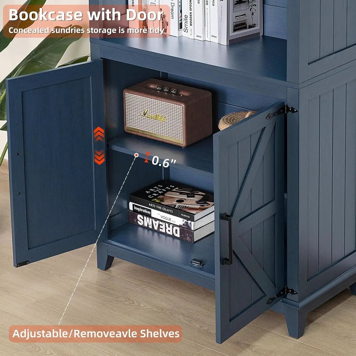 Blue 70 Inch Tall Farmhouse Bookcase Adjustable Shelves from PriceLows™