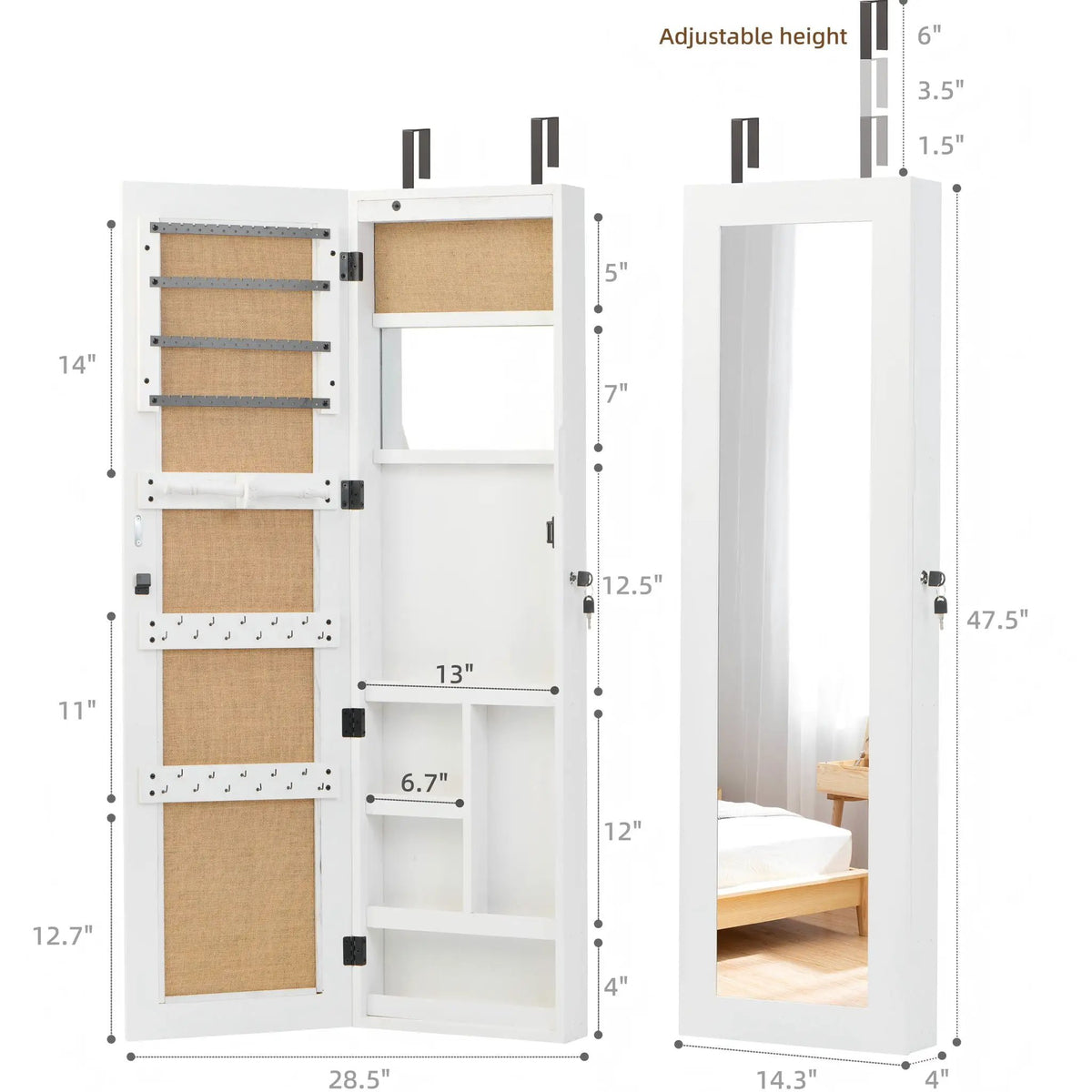 Jewelry Armoire With Full Length Mirror | Lockable Wall Mounted Cabinet | LED Light | Over The Door Use