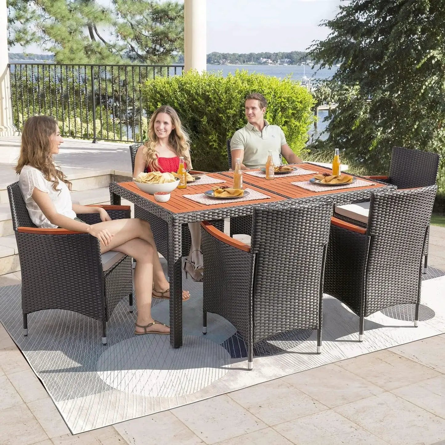 7 Piece Patio Dining Set Acacia Wood Table Wicker Chairs from PriceLows™