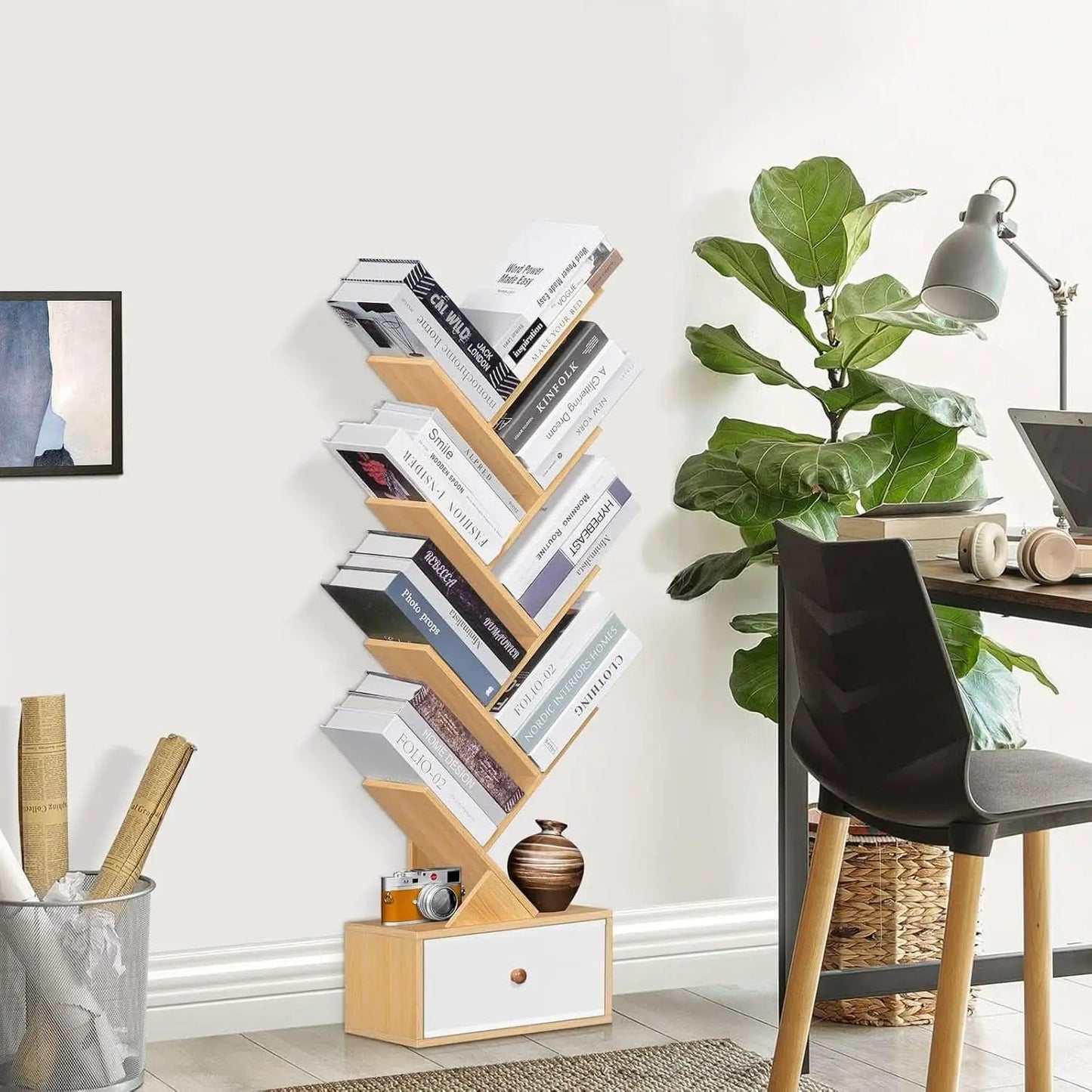 8 Tier Tree Bookshelf With Drawer Natural Wood Bookcase from PriceLows™