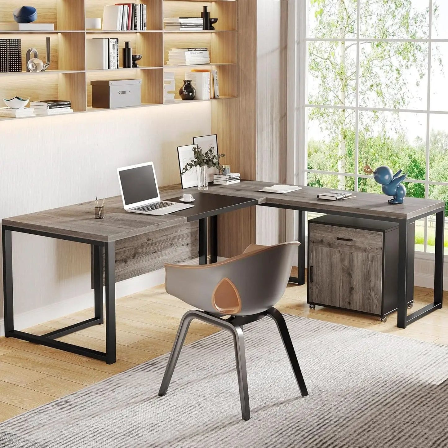 Extra Large L Shaped Executive Desk Retro Gray Drawer Cabinet from PriceLows™