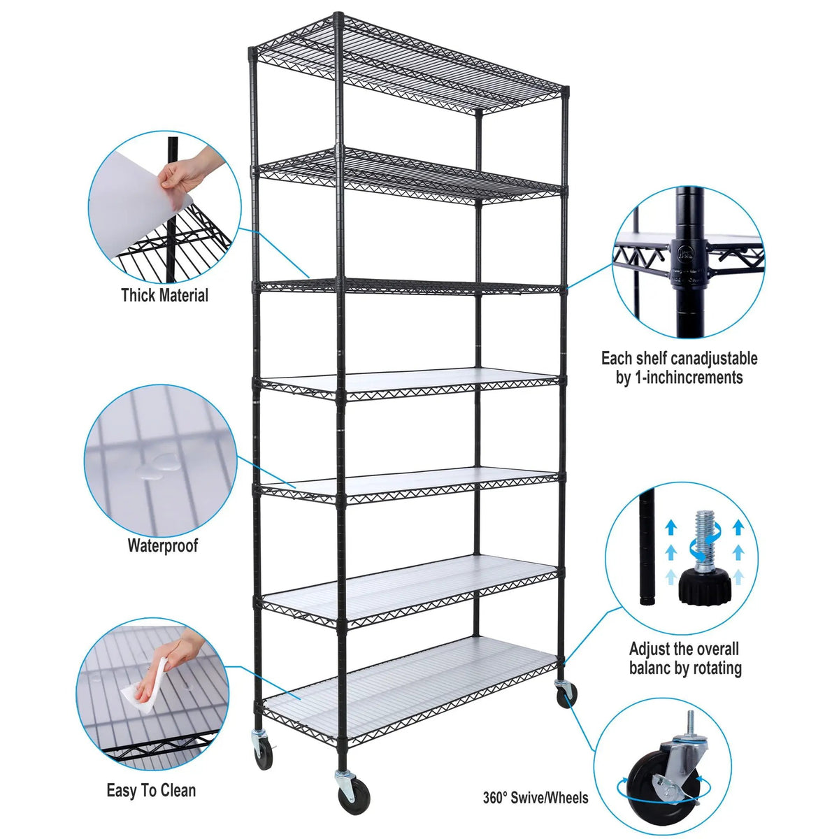 7 Tier Wire Shelving Unit | 2450 Lb Capacity | Adjustable 1 Inch Increments | Wheels Included