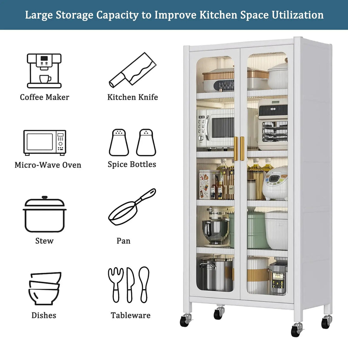 6 Tier Storage Cabinet | Transparent Magnetic Door | Adjustable Shelves | 360 Degree Wheels