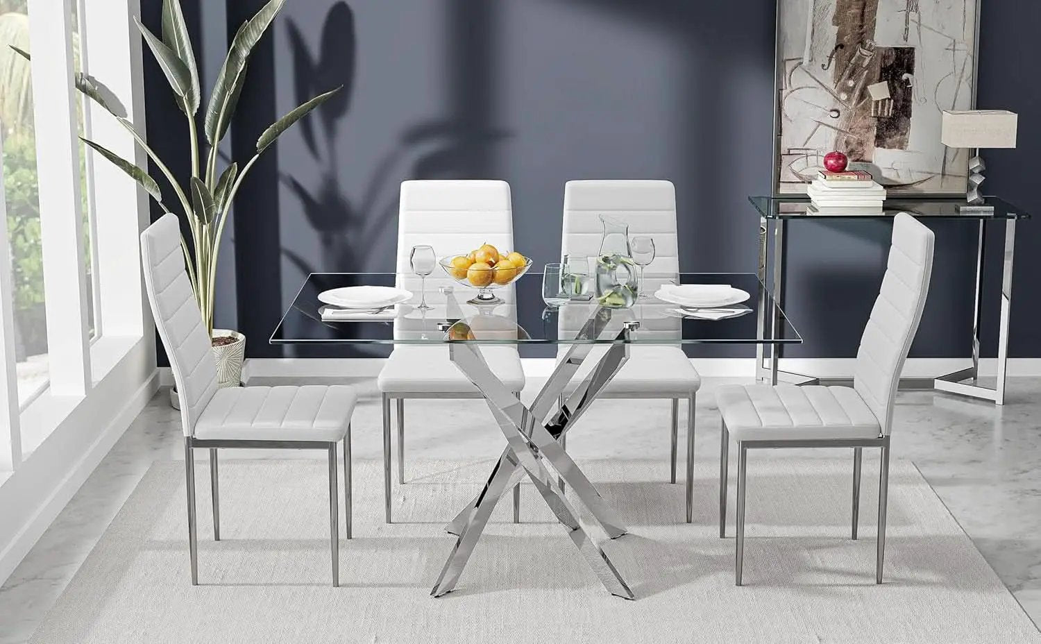 Tempered Glass Dining Table With Chromed Legs 47In White Silver from PriceLows™