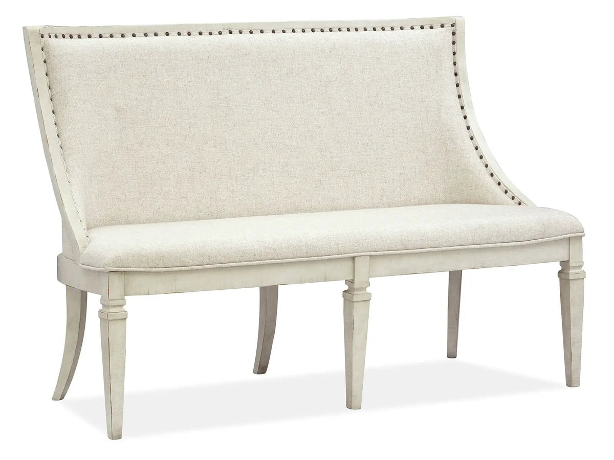 Newport Bench | Upholstered Seat And Back | Alabaster Finish | Pine Veneer And Hardwood