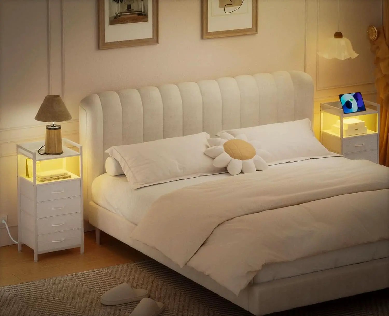 White Nightstand With Charging Station And RGB LED Lighting from PriceLows™