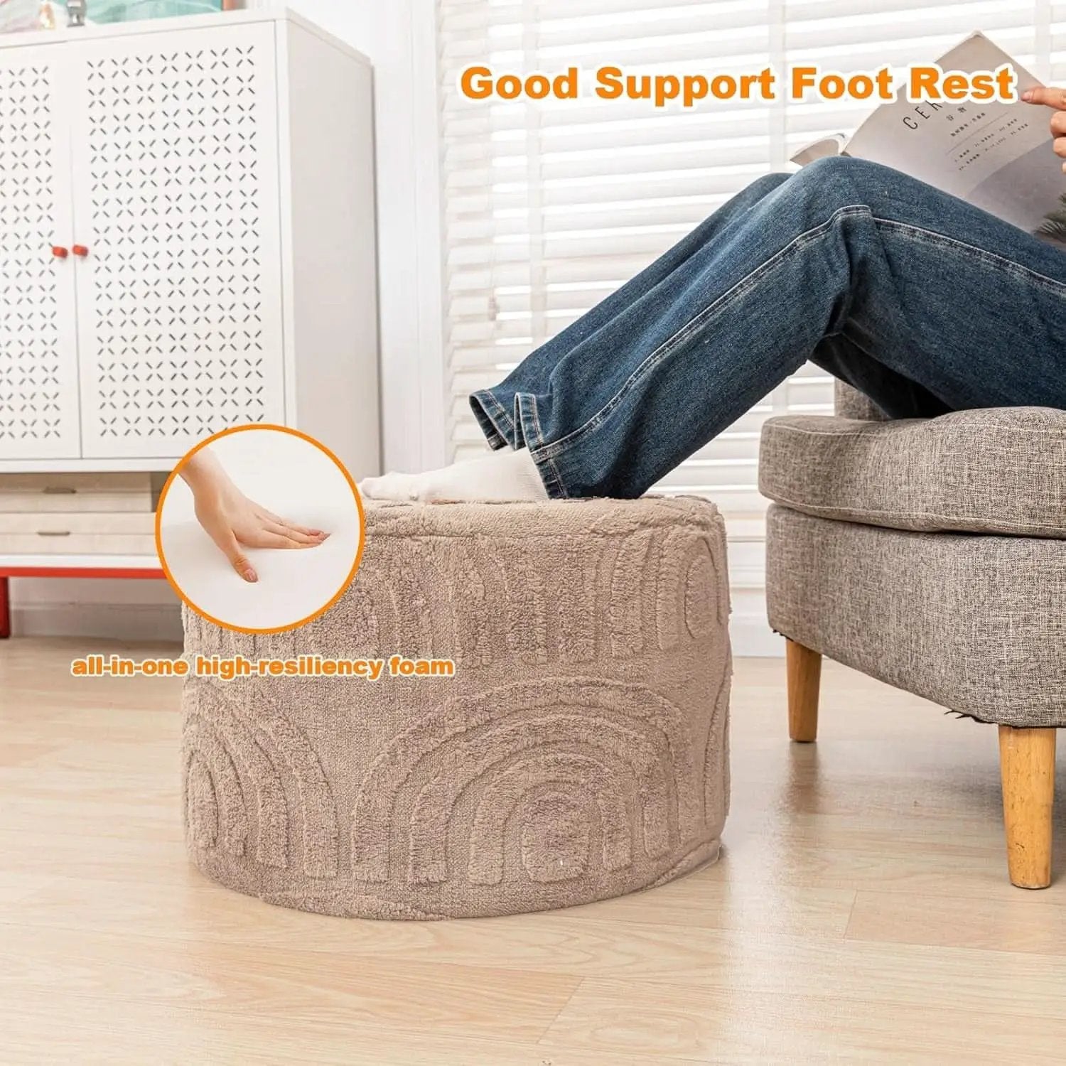 Khaki Round Ottoman Pouf 20x20x14 Inches Luxurious from PriceLows™