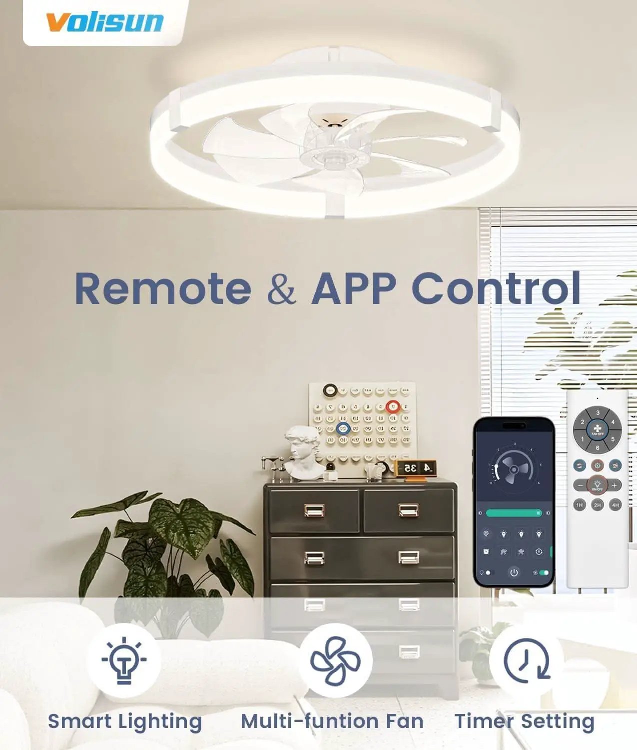 Flush Mount Ceiling Fan With Dimmable LED Lights White from PriceLows™