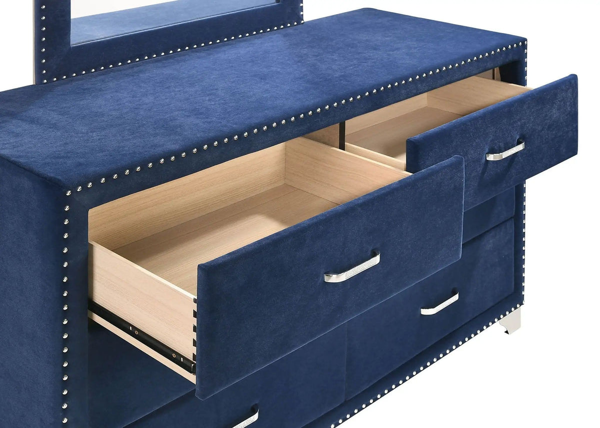 Melody 6-drawer Upholstered Dresser with Mirror Pacific | 60 x 20.75 x 75 in | Velvet & Metal | Blue