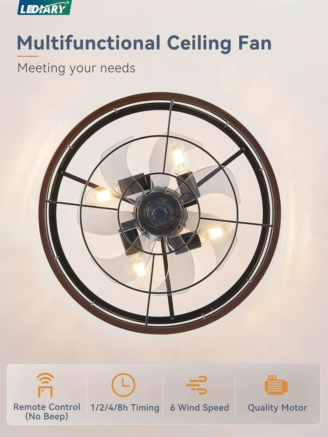 20 Inch Walnut Caged Fandelier Ceiling Fan With Light And Remote Control 6 Speeds With Timing from PriceLows™