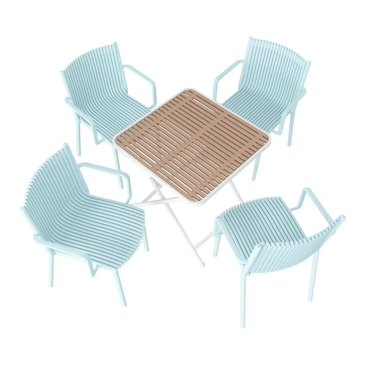 4 Modern Stackable Plastic Armchair Matched With Folding Square Table 5 Piece | 5 Piece Outdoor Set | Metal | Outdoor Living