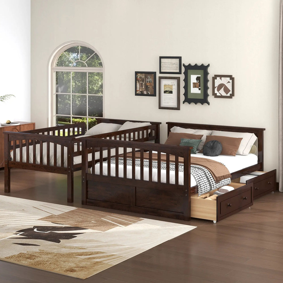 Bunk Bed With Drawers | Convertible Storage Design | Solid Pine Wood | Fence-Shaped Guardrail