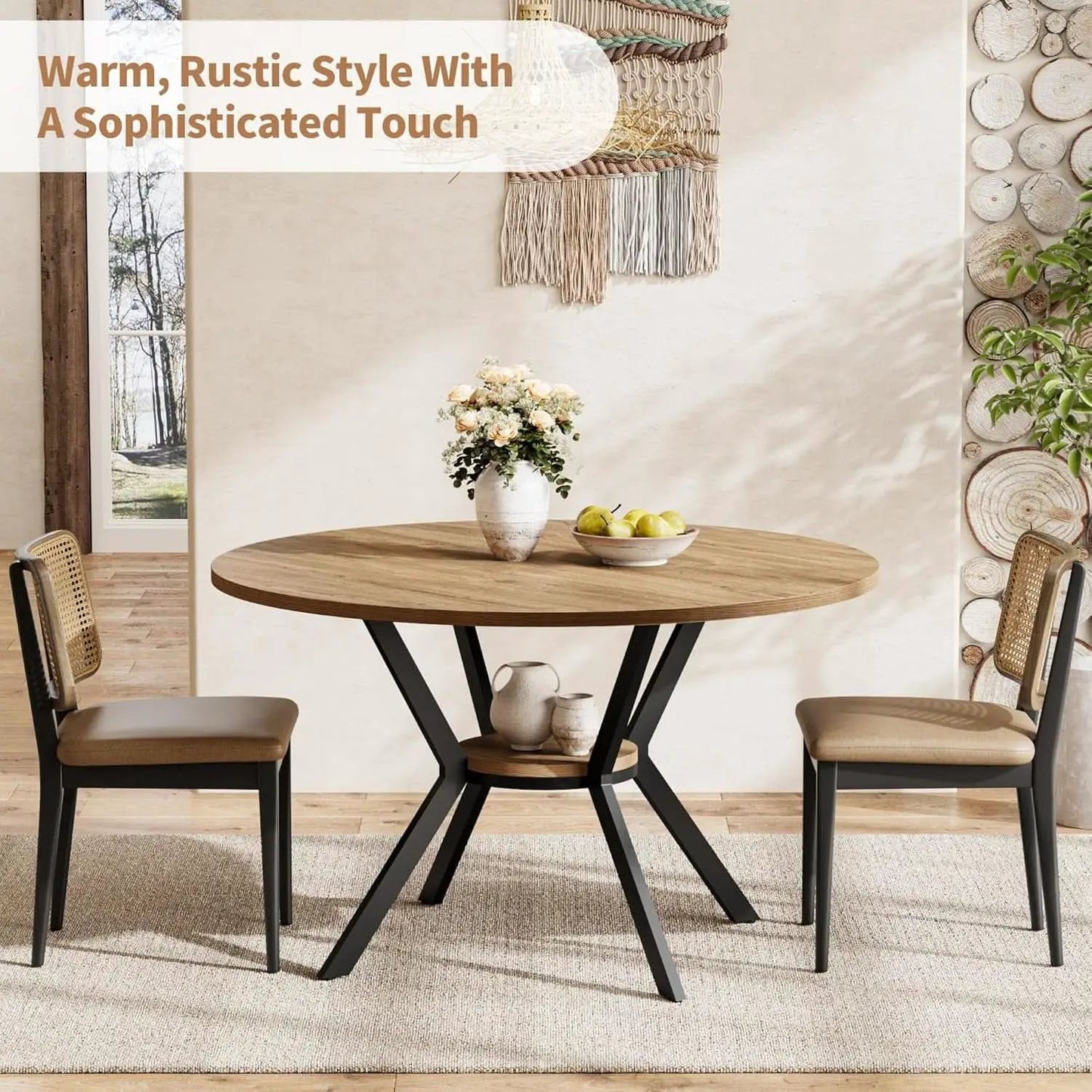 42 Inch Round Farmhouse Dining Table With Compact Storage from PriceLows™