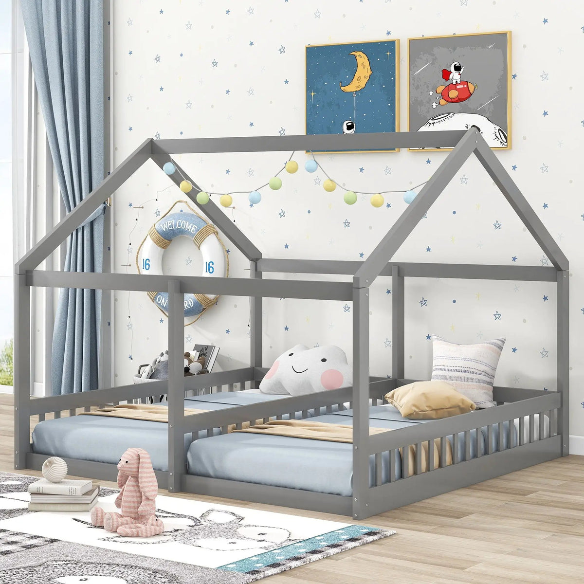 House Platform Bed | Solid Steel Frame | Twin Shared Bunks | Built In Guards