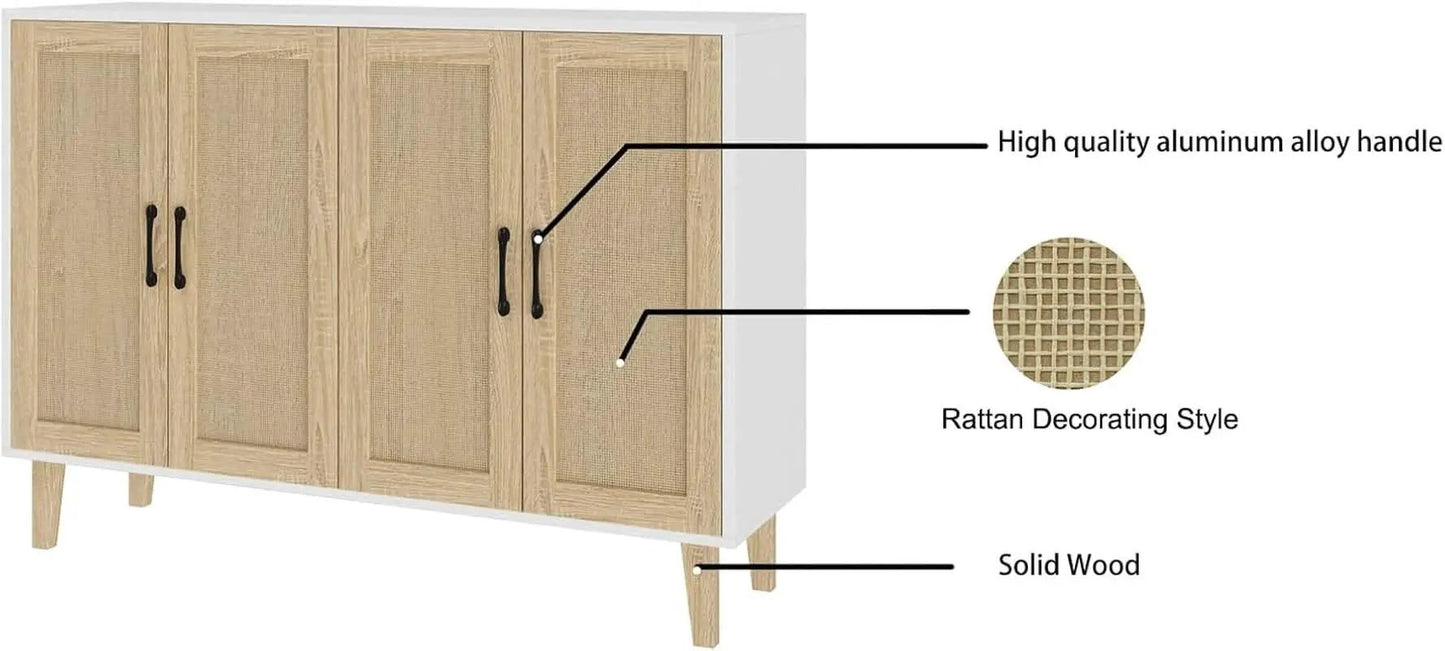 Buffet Storage Cabinet White Rattan Decor 4 Doors 48 Inch from PriceLows™