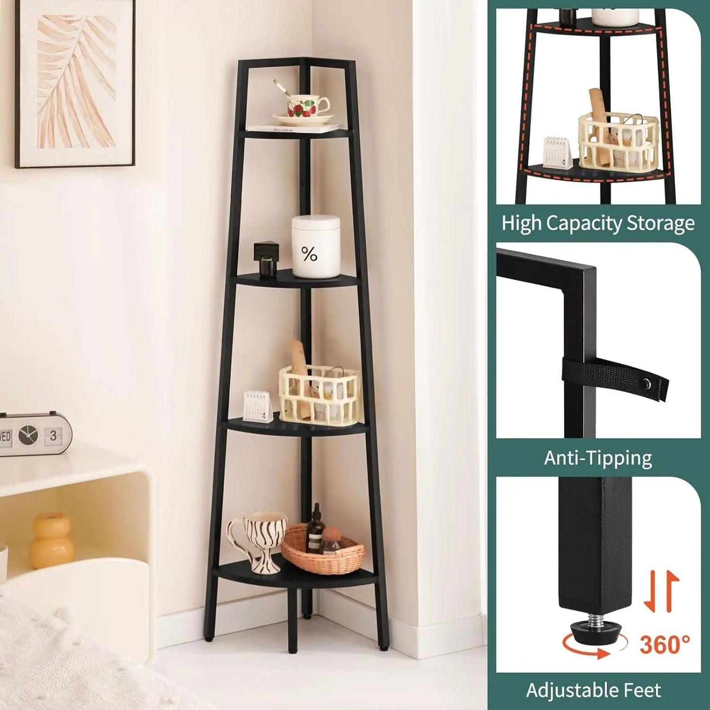 4 Tier Corner Shelf With Metal Frame Tall Bookcase from PriceLows™