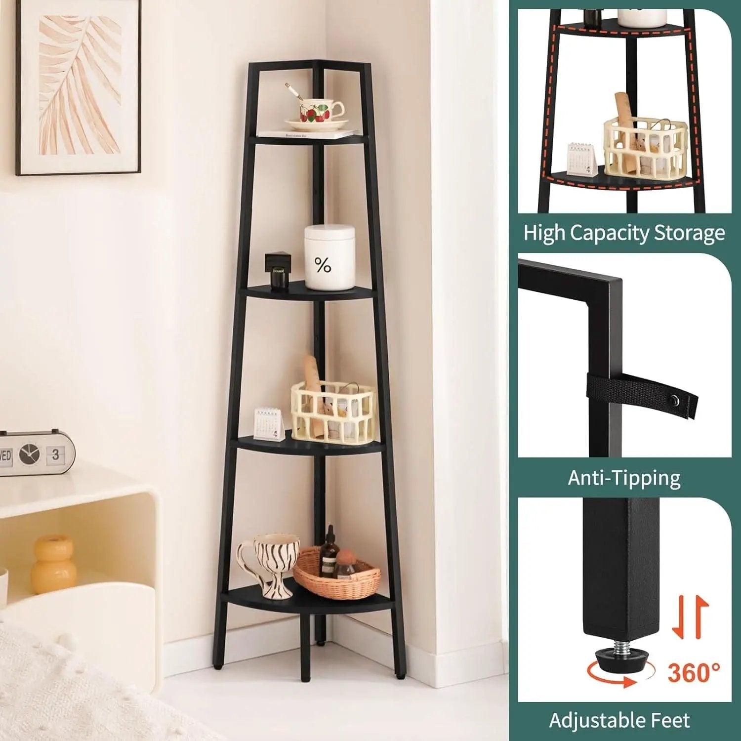 4 Tier Corner Shelf With Metal Frame Tall Bookcase from PriceLows™