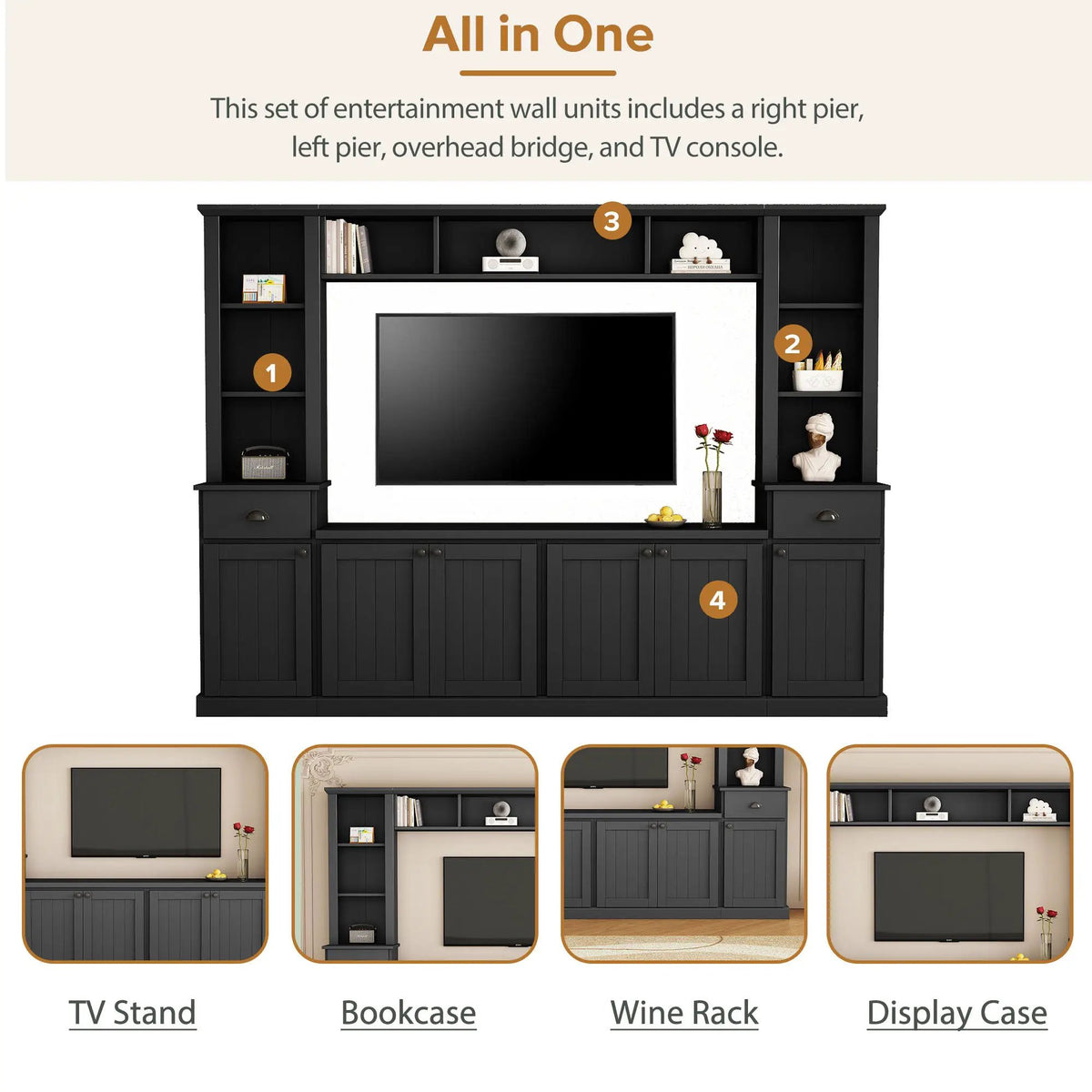 Minimalist Entertainment Wall Unit | Fits TVs Up To 75 Inch | Adjustable Bridge Height | Plank-Inspired Doors