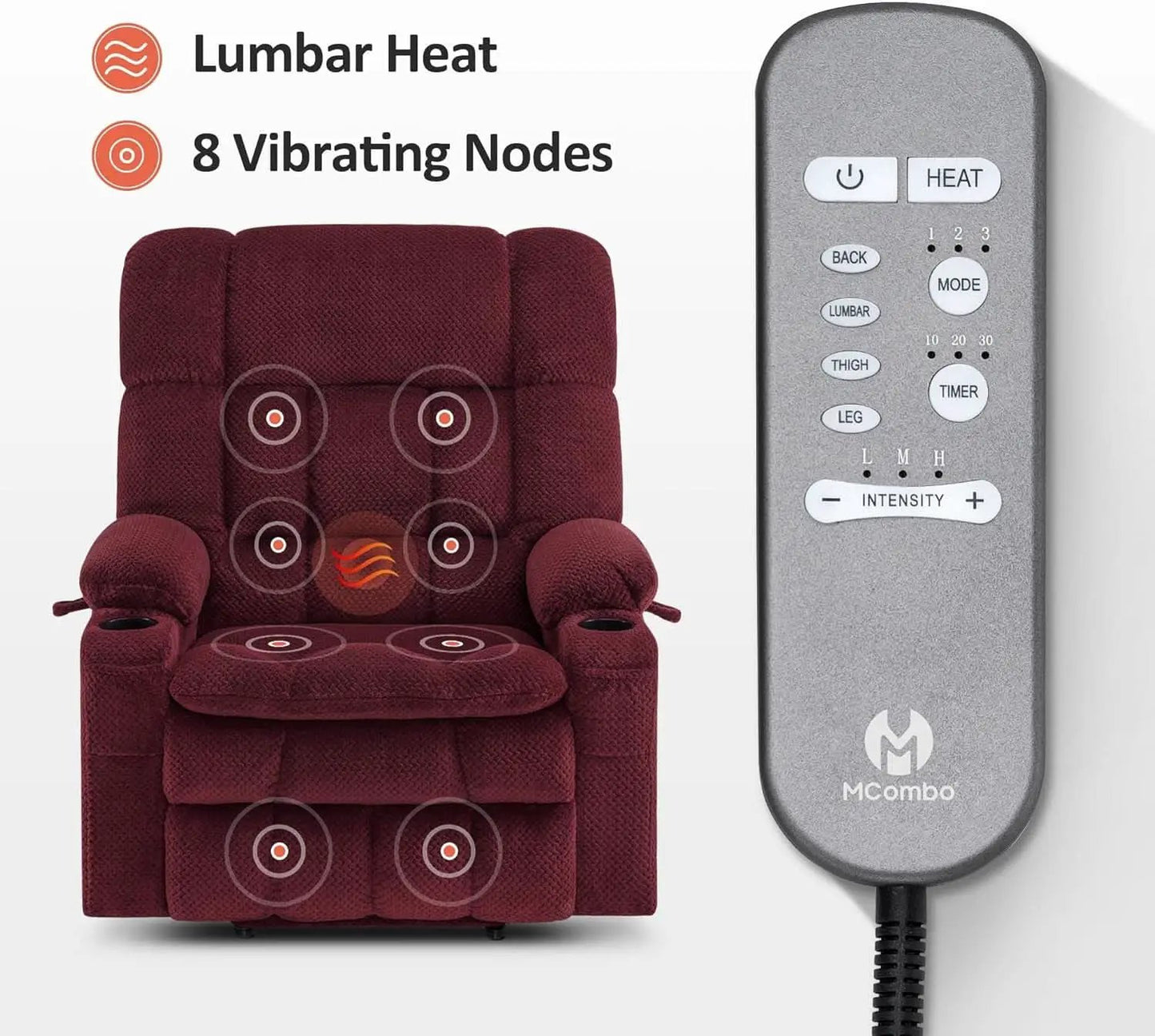 Large Burgundy Dual Motor Lift Recliner Chair With Massage And Heat from PriceLows™