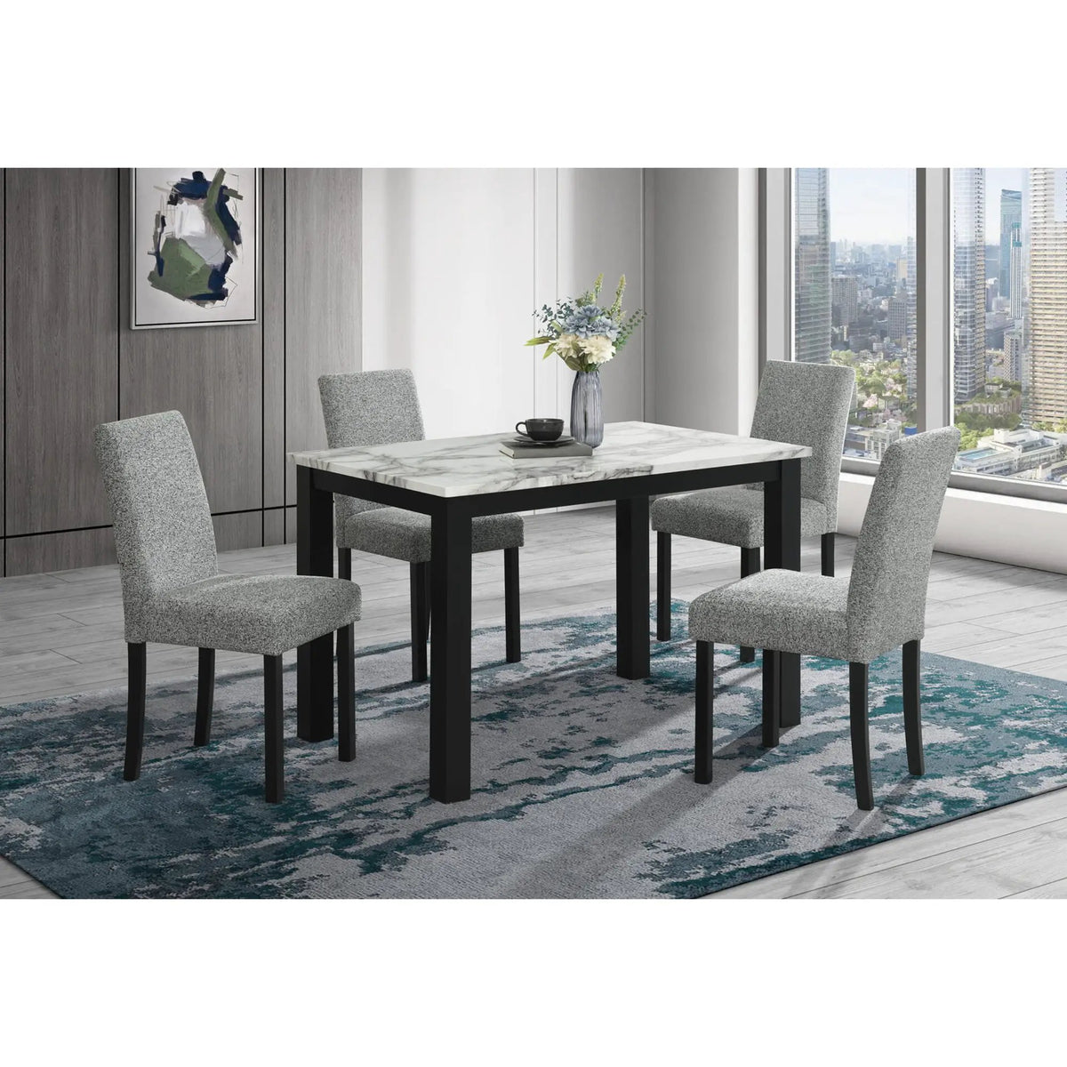 Sarang Dining Table And Chairs Set | Faux Marble Top | 4 Silver Chairs | Padded Seating