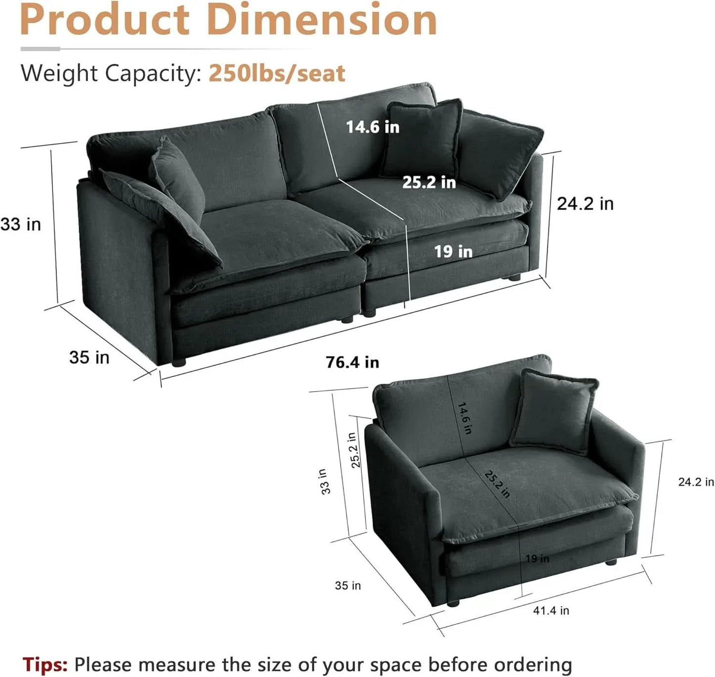 Grey Chenille 2 Piece Loveseat Armchair Set With Pillows from PriceLows™