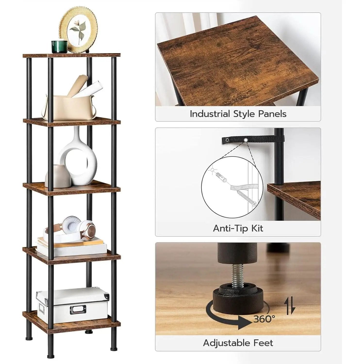 Five Tier Corner Shelf Stand Rustic Brown And Black Bookcase from PriceLows™