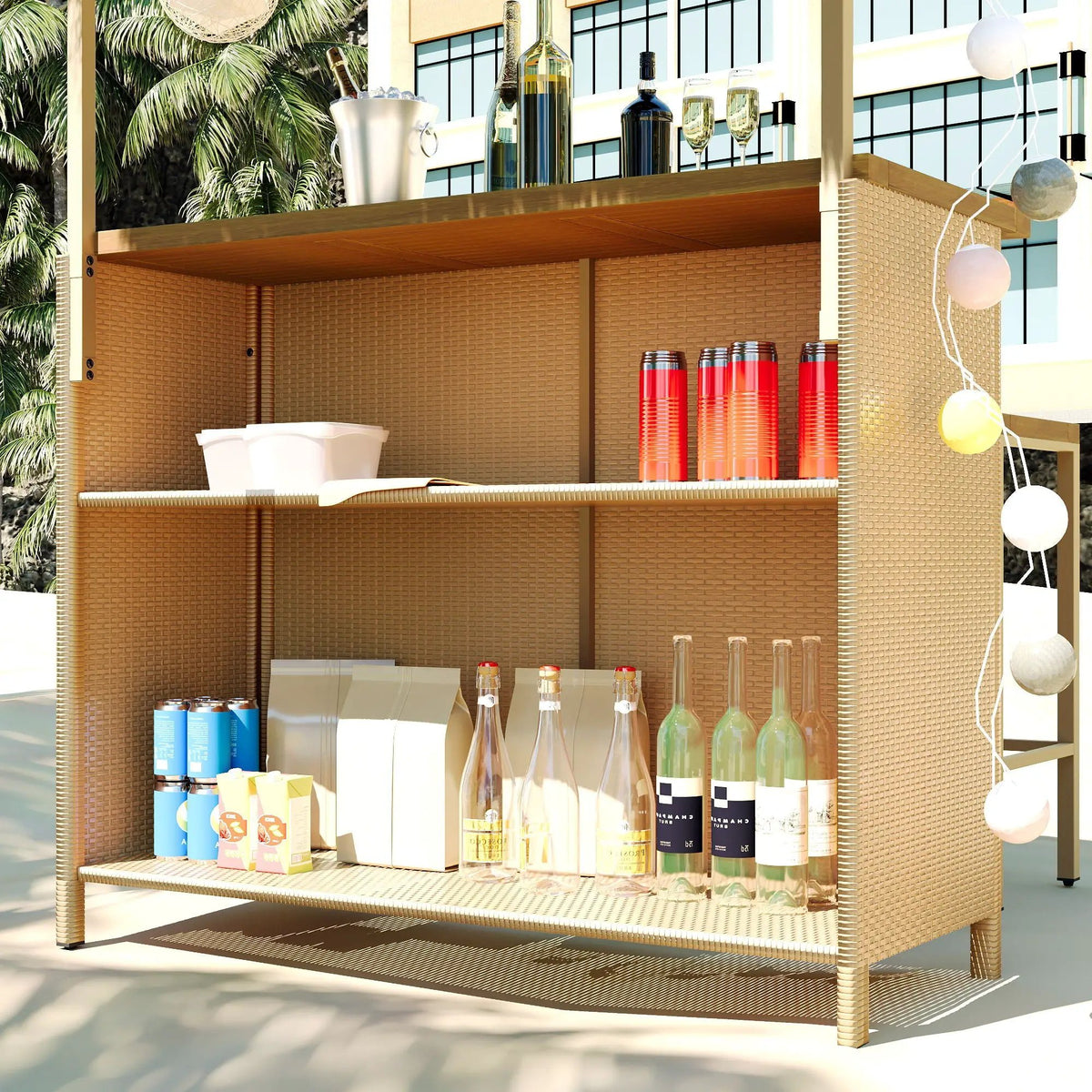 Outdoor Bar Height Patio Set | Acacia Wood Top | Grass Canopy | 5 Piece Natural