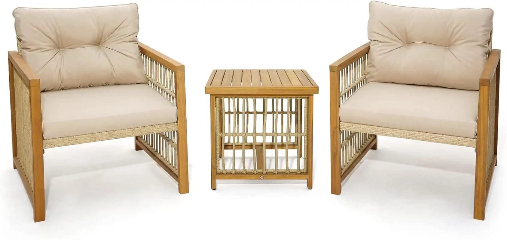 3 Piece Acacia Wood Patio Furniture Set With Beige PE Wicker Cushioned Chairs And Coffee Table from PriceLows™