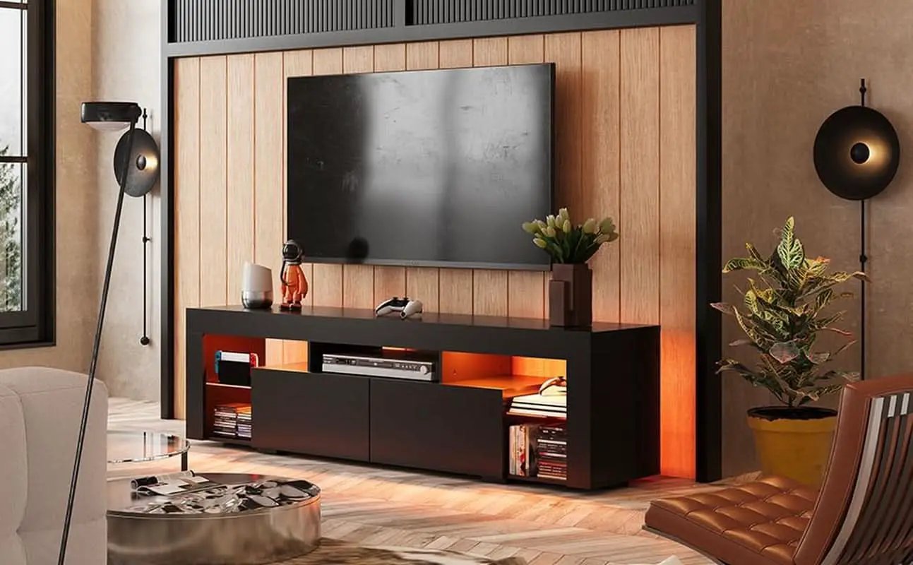 63 Inch Black LED TV Stand With 2 Drawers For Living Room from PriceLows™