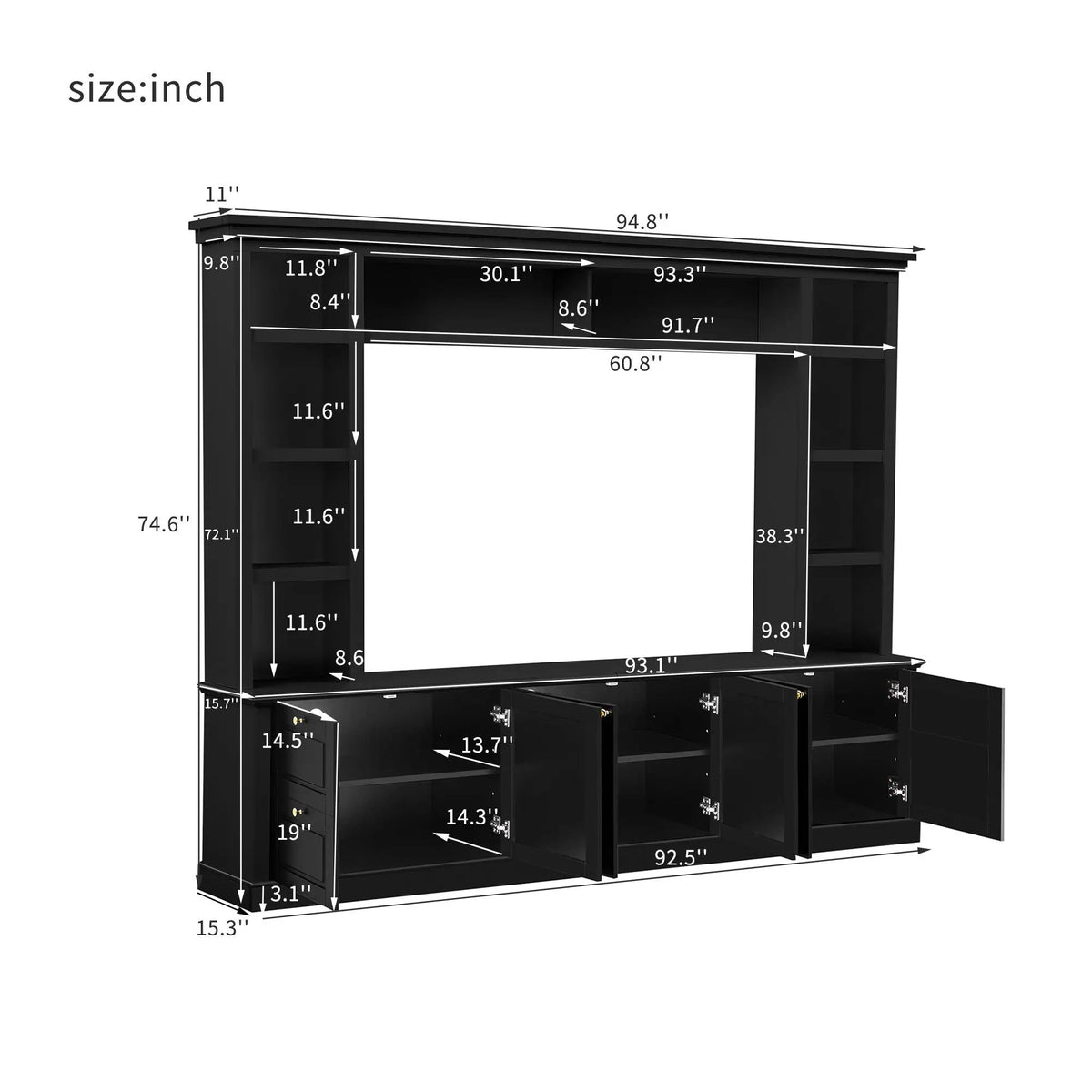 TV Stand With Bookcase | 3 Adjustable Shelves | Fits 70 Inch