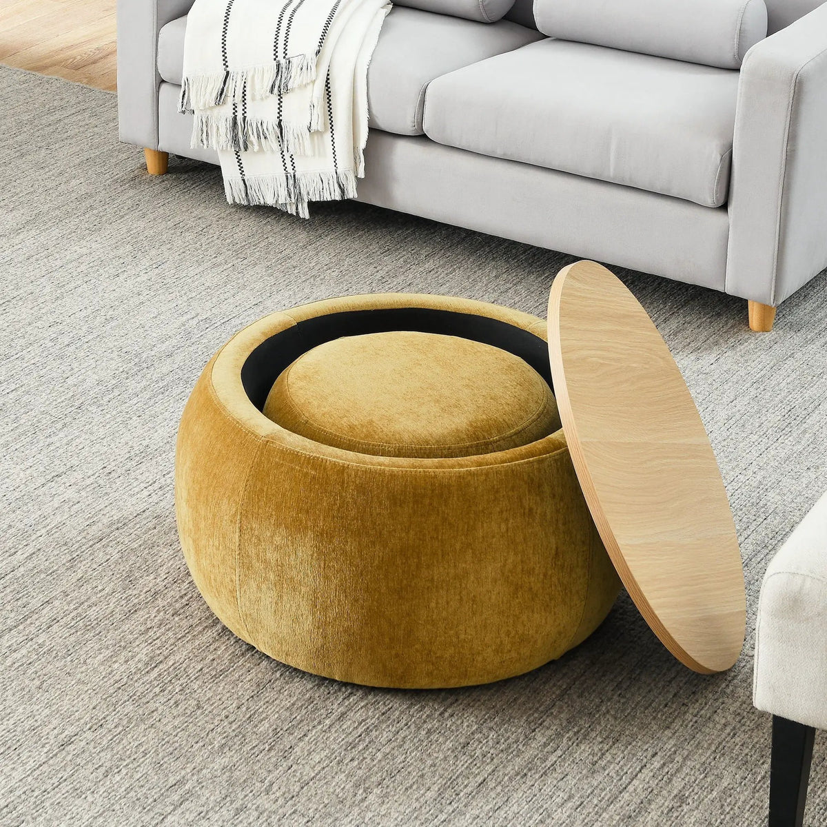 Round Storage Ottoman | Pleated Fabric | Removable Lid
