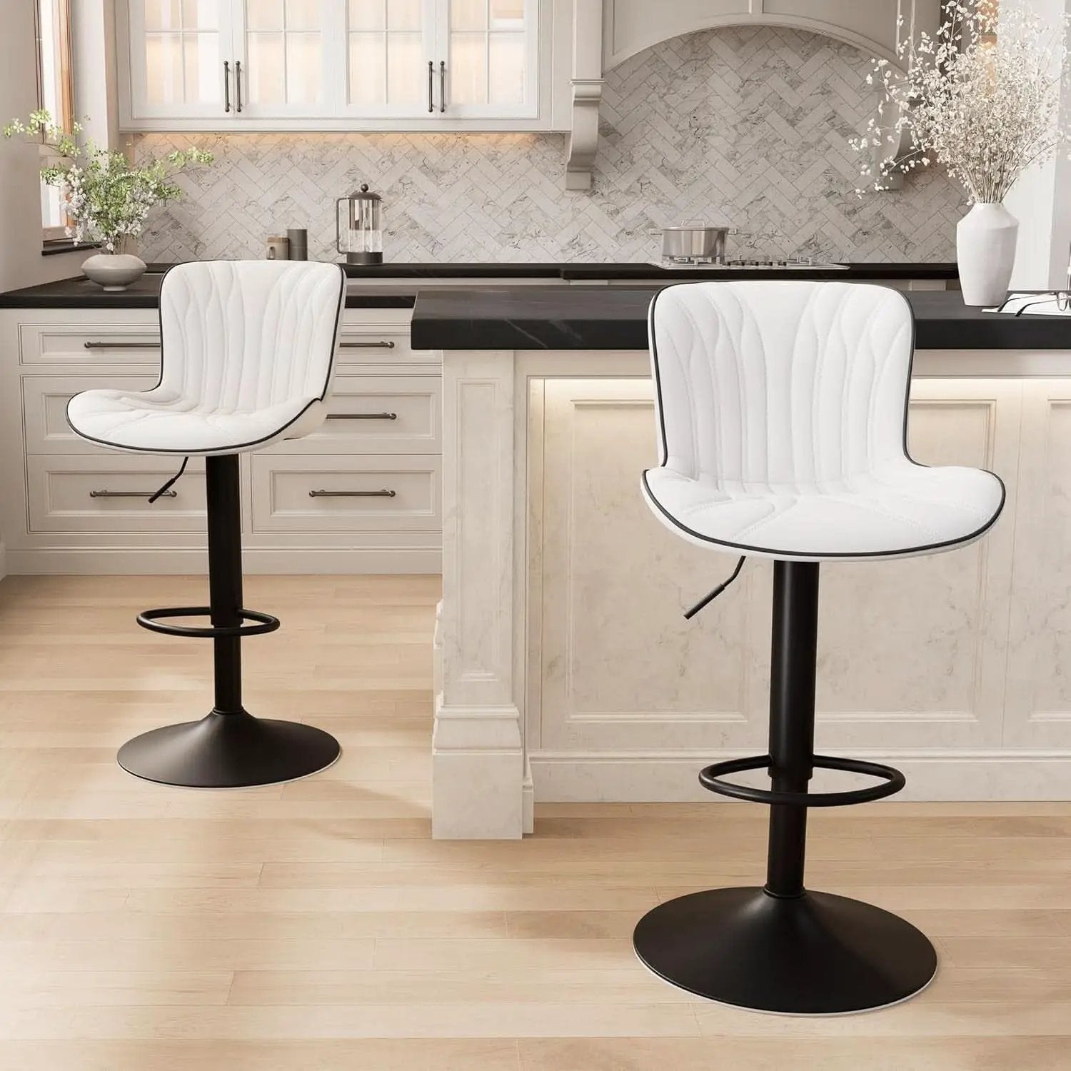 White Bar Stool Set Of 2 Counter Height Swivel With Back Faux Leather from PriceLows™