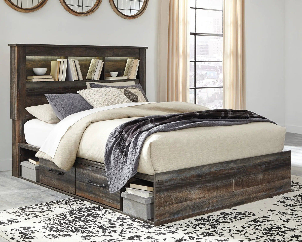 Drystan Panel Bookcase Bed | Storage Headboard | Rustic Industrial Style | 85 Inch Length