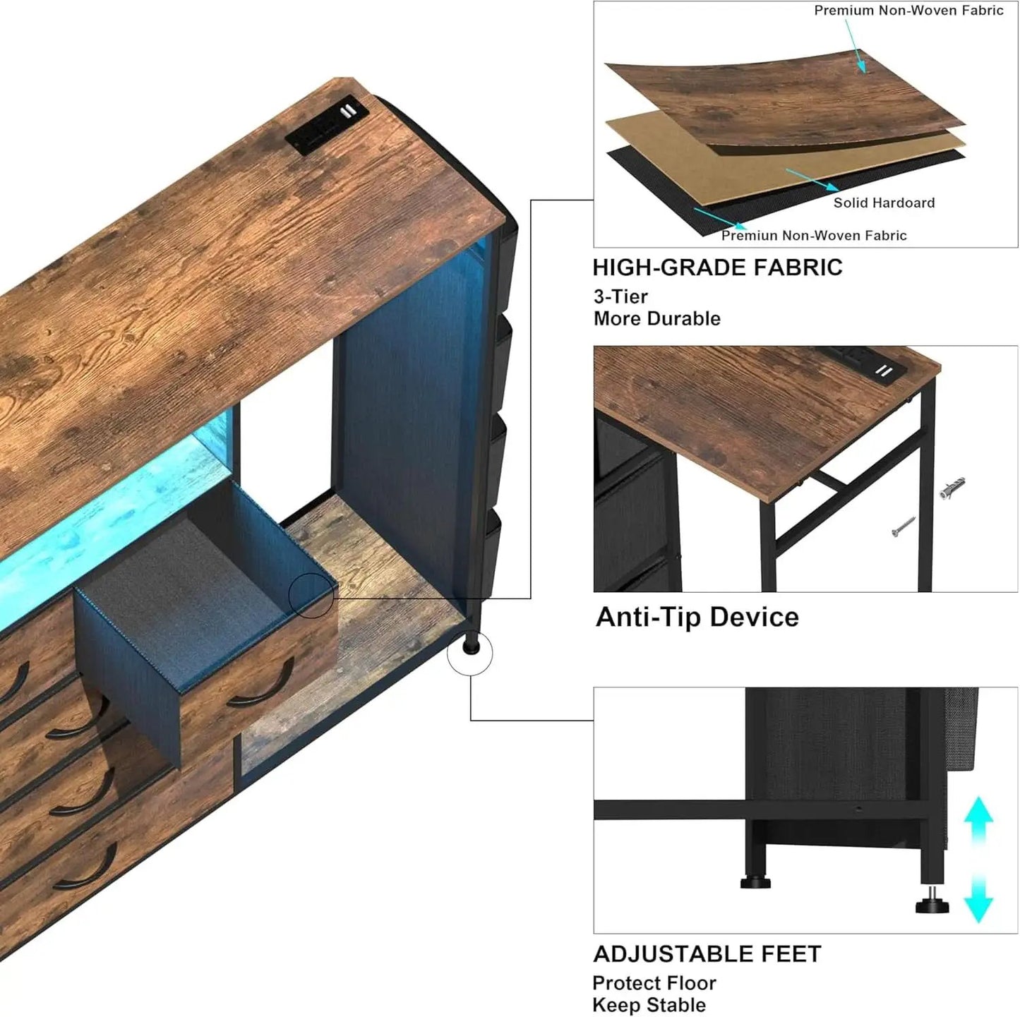 Matte Black Dresser With LED Charging Station For Bedroom from PriceLows™